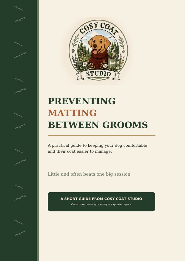 Cover of the Cosy Coat Studio guide to preventing matting between grooms