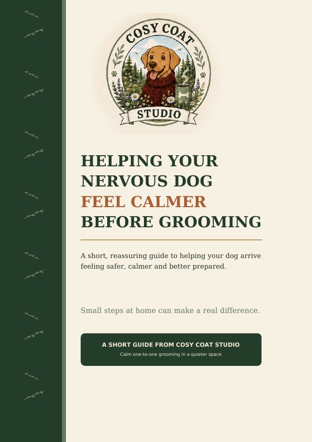 Cover of the Cosy Coat Studio guide to helping a nervous dog feel calmer before grooming