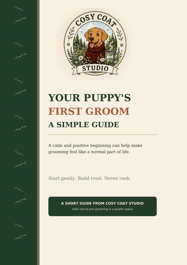 Cover of the Cosy Coat Studio puppy's first groom guide